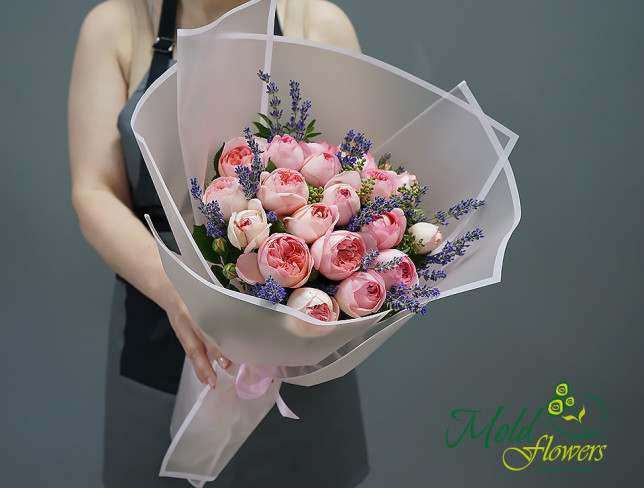Bouquet with peony roses and lavender photo